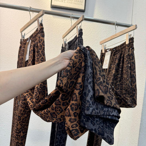 Ladies Leopard Print Wide Crystal Embedded Loose Trousers